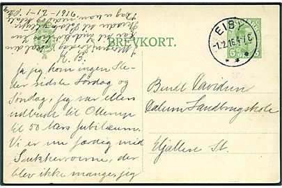 5 øre Chr. X helsagsbrevkort annulleret med brotype IIIb Eiby d. 1.12.1916 til Hjallese St.