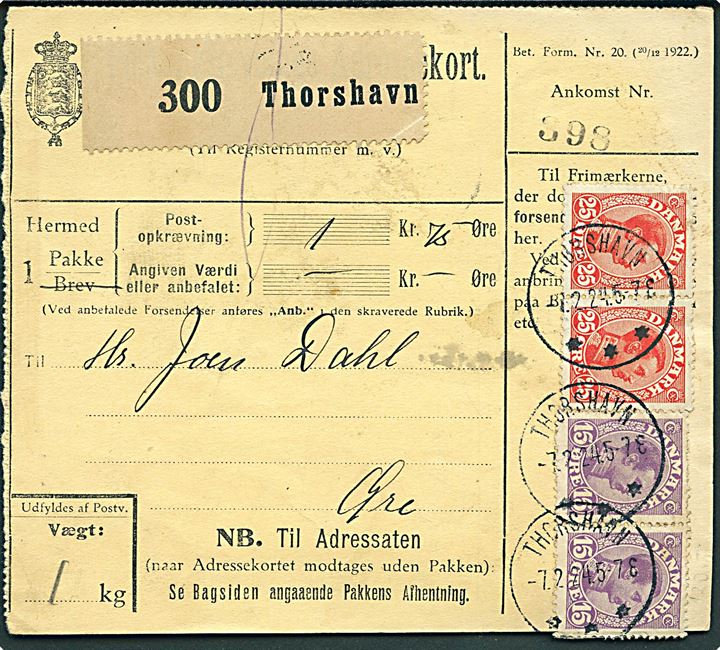 15 øre (2) og 25 øre (2) Chr. X på adressekort for pakke annulleret med brotype IIIb Thorshavn d. 7.2.1924 til Øre på Færøerne.