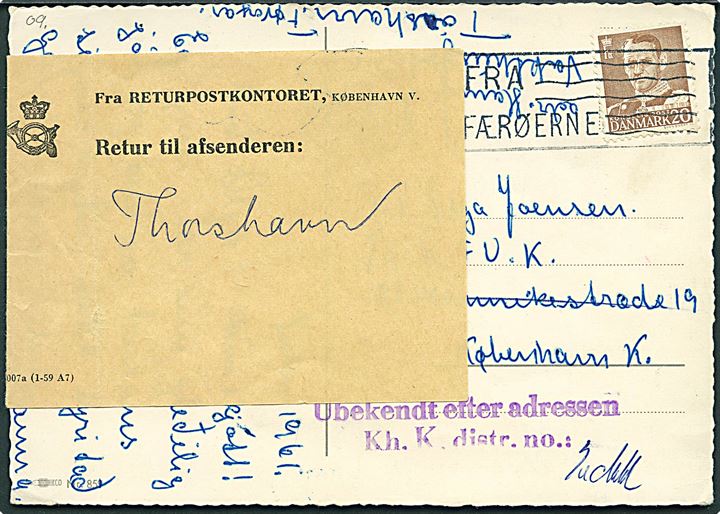 20 øre Fr. IX på julekort annulleret med TMS Fra Færøerne/København OMK. 25 d. 18.12.1961 til København. Ubekendt og retur via Returpostkontoret til Thorshavn.