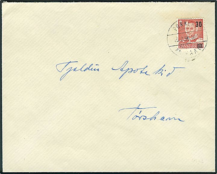 30/20 øre Provisorium på brev annulleret med pr.-stempel Porkere pr. Vaag d. 10.2.1956 til Thorshavn.