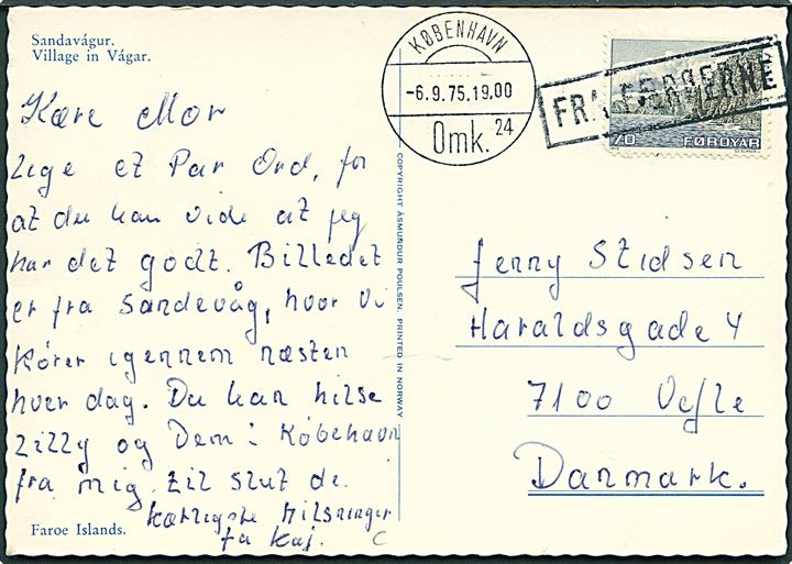 70 øre Landskab på brevkort annulleret med skibsstempel Fra Færøerne og sidestemplet København Omk. 24 d. 6.9.1975 til Vejle.