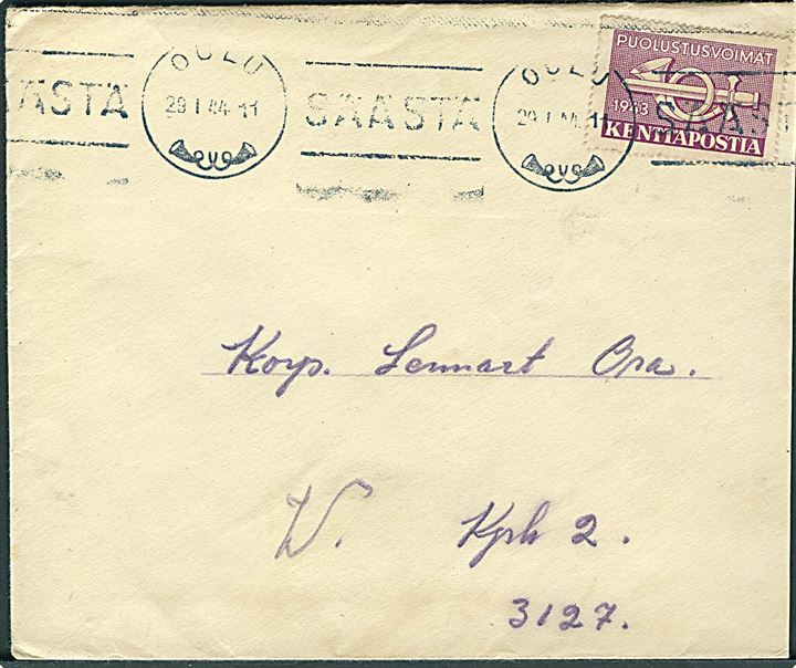 Violet feltpostmærke 1944 udg. på brev fra Oulu d. 29.1.1944 til feltpostadresse: KpK 2/3127 = 39.EVar.K = 39. Elintarvikevarastokomppania.