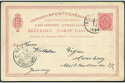 3 cents helsagsbrevkort stemplet St: Thomas d. 21.12.1894 til Hamburg, Tyskland.