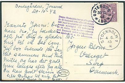 10 öre Skytterörelsen på brevkort fra Göteborg d. 30.10.1943 tilbageholdt med 7-liniestempel og frigivet i Stockholm d. 4.6.1945 til Sorø, Danmark.
