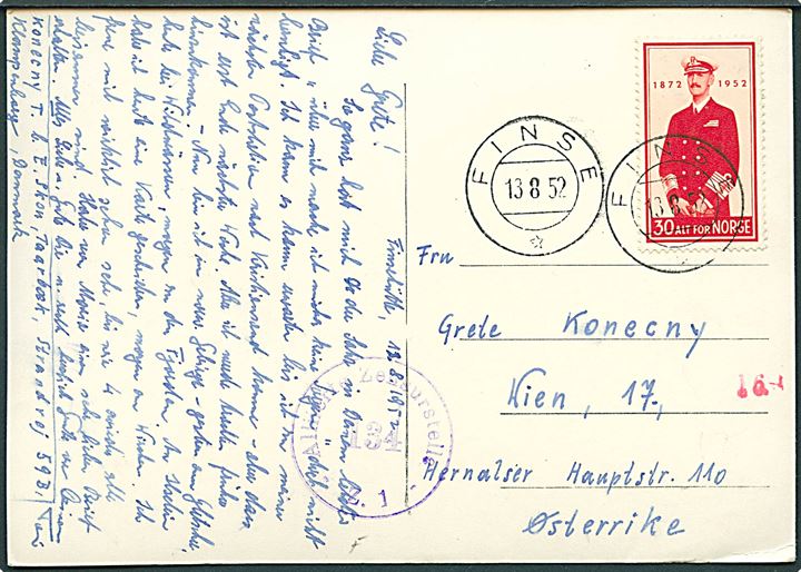 30 øre Haakon VII 80 år på brevkort (Capt. Scott's Monument, Finse) fra Finse d. 13.8.1952 til Wien, Østrig. Passér stemplet ved den østrigske efterkrigecensur.