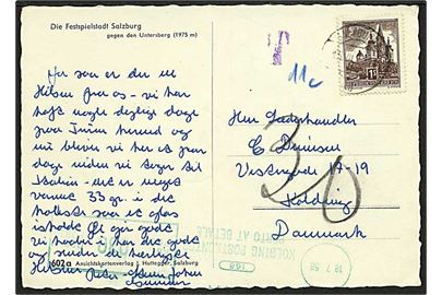 Østrigsk 1 sh. på underfrankeret brevkort fra Salzburg 1958 til Kolding, Danmark. Udtakseret i 30 øre porto med grønt porto-maskinstempel fra Kolding Postkontor d. 18.7.1958.