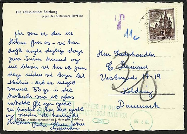 Østrigsk 1 sh. på underfrankeret brevkort fra Salzburg 1958 til Kolding, Danmark. Udtakseret i 30 øre porto med grønt porto-maskinstempel fra Kolding Postkontor d. 18.7.1958.