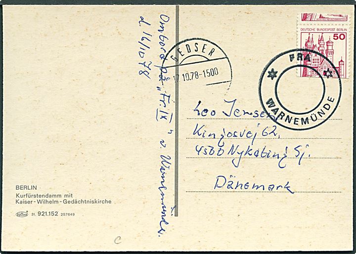 Berlin 50 pfg. skævt skåret automatmærke på brevkort annulleret med skibsstempel Fra * Warnemünde * og  sidestemplet Gedser d. 17.10.1978 til Nykøbing Sj. 