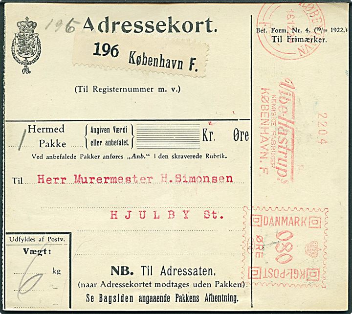 80 øre firmafranko fra Vibe Hastrup A/S på adressekort for pakke fra København d. 16.12.1929 til Hjulby.