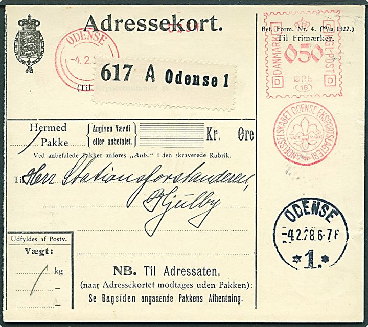 50 øre Firmafranko fra Odense Eksportslagteri på adressekort for pakke fra Odense d. 4.2.1928 til Hjulby.