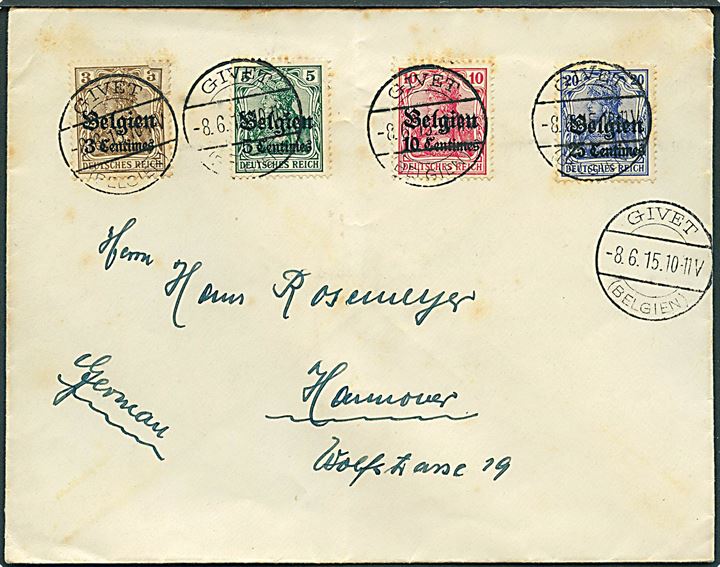 Tysk post i Belgien. Blandingsfrankeret fortrykt kuvert fra Ministeriet for Jernbane, Søfart, Post og Telegraf stemplet Givet (Blegien) d. 8.6.1915 til Hannover, Tyskland.