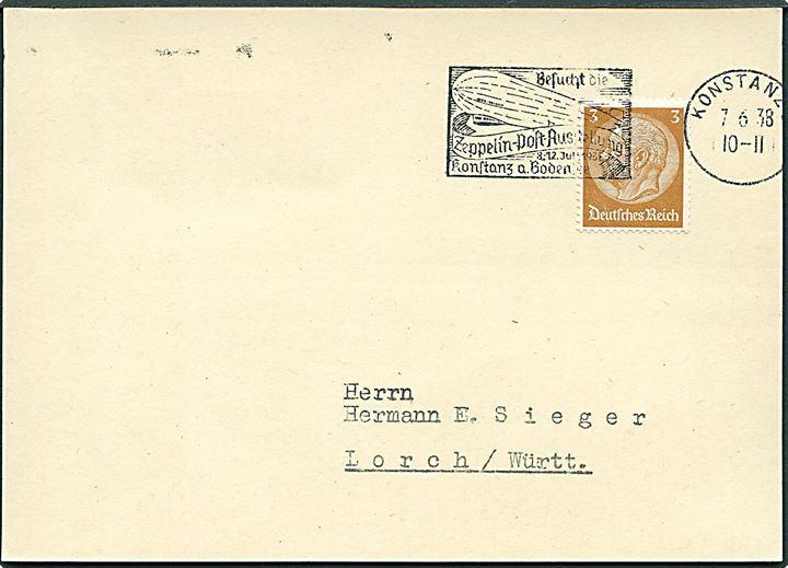 3 pfg. Hindenburg på filatelistisk tryksags-brevkort annulleret med særstempel Besucht die Zeppelin-Post-Ausstellung/Konstanz d. 7.6.1938 til Lorch.