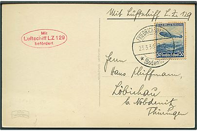 50 pfg. LZ129 Nordamerikafahrt på brevkort (Reichminister Göring) stemplet Friedrichshafen *(Bodensee)* d. 23.3.1936 og sidestemplet Mit Luftschiff LZ 129 befördert til Löbichau.