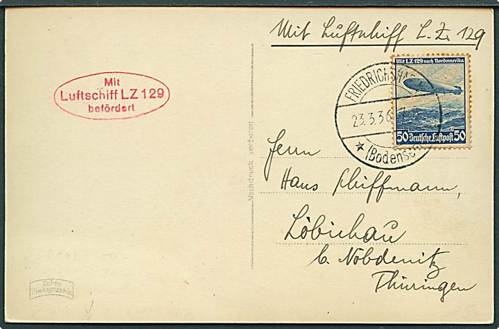 50 pfg. LZ129 Nordamerikafahrt på brevkort (Reichminister Göring) stemplet Friedrichshafen *(Bodensee)* d. 23.3.1936 og sidestemplet Mit Luftschiff LZ 129 befördert til Löbichau.