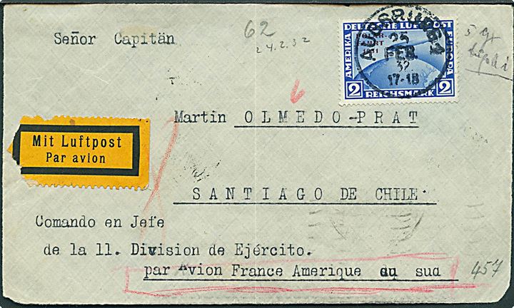 2 mk. Polarfahrt 1931 single på BREVFORSIDE af luftpostbrev fra Augsburg d. 25.2.1932 til Santiago, Chile. Befordret med fransk luftpost til Sysamerika. AFA: 2000,-