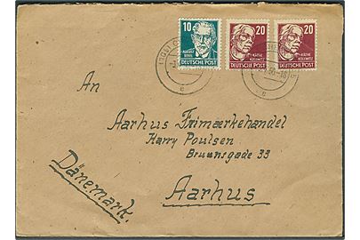 SBZ. 10 pfg. Bebel og 20 pfg. Kollwitz (2) på brev fra Chemnitz d. 3.4.1950 til Aarhus, Danmark.