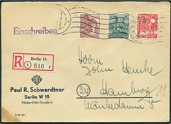 SBZ. 8 pfg., 16 pfg. og 60 pfg. med Bezirk-overtryk 3 Berlin NO 92 på anbefalet brev fra Berlin d. x.7.1948 til Hamburg.