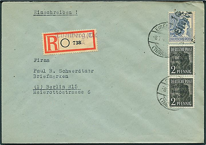 SBZ. 80 pfg. med Bezirk-overtryk 16 Eisenberg og 2 pfg. SBZ provisorium i parstykke på anbefalet brev fra Eisenberg d. 8.7.1948 til Berlin.