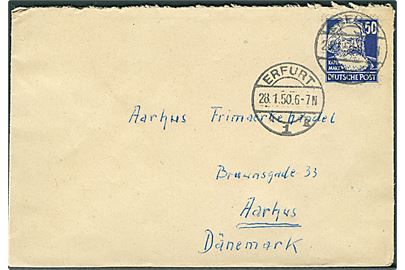 SBZ. 50 pfg. Karl Marx single på brev fra Erfurt d. 28.1.1950 til Aarhus, Danmark.