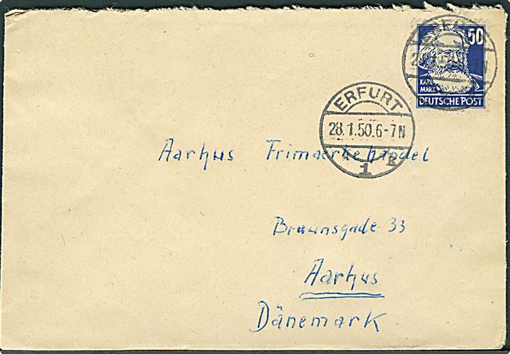 SBZ. 50 pfg. Karl Marx single på brev fra Erfurt d. 28.1.1950 til Aarhus, Danmark.