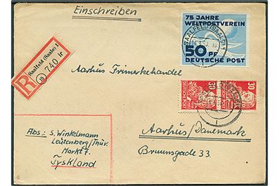 30 pfg. Engels i parstykke og 50 pfg. UPU 75 år på anbefalet brev fra Saalfeld d. 14.3.1950 til Aarhus, Danmark.