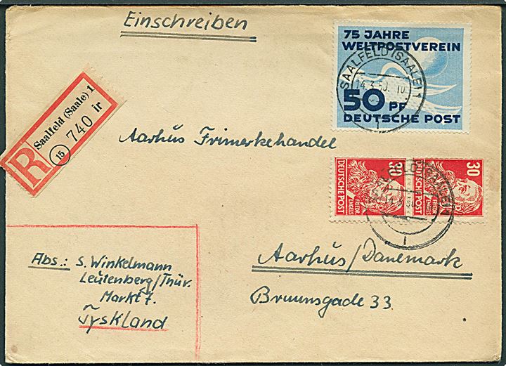30 pfg. Engels i parstykke og 50 pfg. UPU 75 år på anbefalet brev fra Saalfeld d. 14.3.1950 til Aarhus, Danmark.