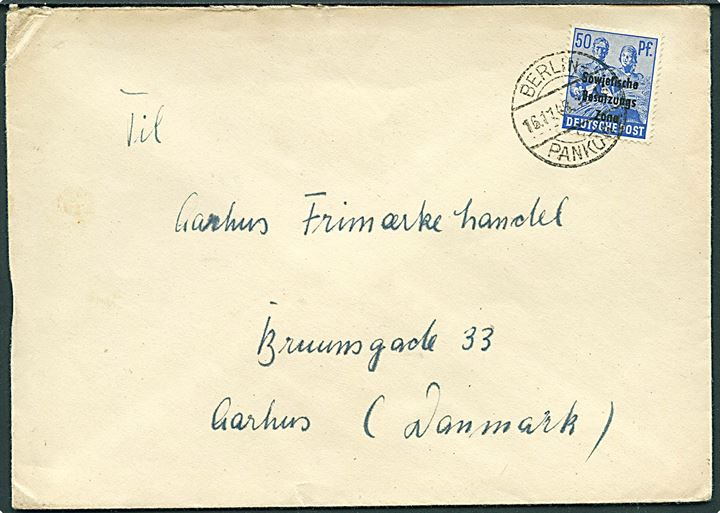 SBZ. 50 pfg. SBZ Provisorium single på brev fra Berlin - Pankow d. 16.11.1948 til Aarhus, Danmark.