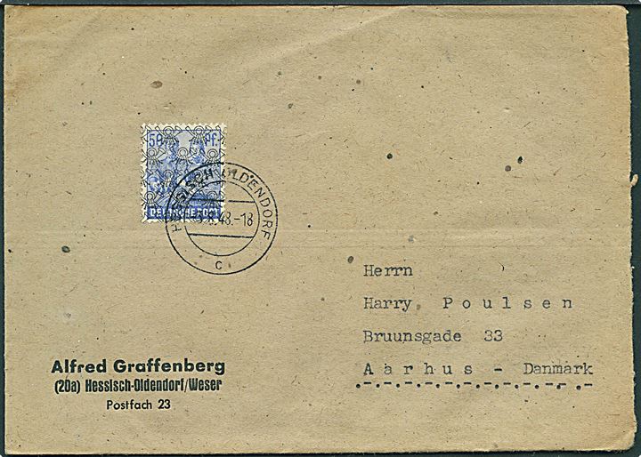 50 pfg. med net-overtryk single på brev fra Hessisch-Oldendorf d. 3.8.1948 til Aarhus, Danmark.