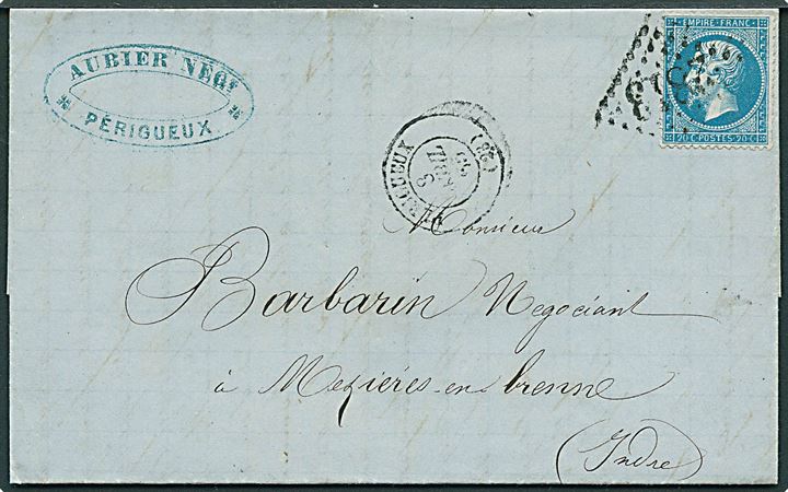 20 c. Napoleon på brev annulleret med nr.stempel 2813 og sidestemplet Périgueux d. 8.4.1865 til Mezieres en Brenne.