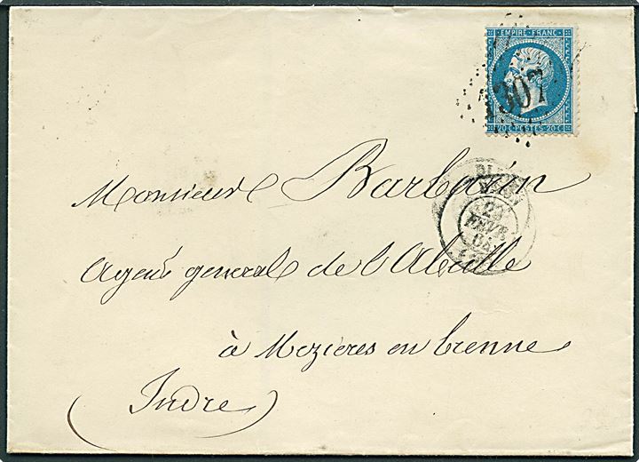 20 c. Napoleon på brev annulleret med nr.stempel 307 og sidestemplet Dijon d. 23.2.1864  til Mezieres en Brenne.