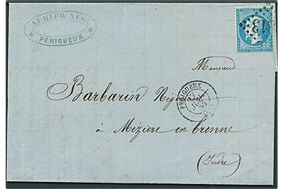 20 c. Napoleon på brev annulleret med nr.stempel 2813 og sidestemplet Périgueux d. 17.7.1865 til Mezieres en Brenne.