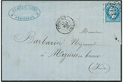 20 c. Napoleon på brev annulleret med nr.stempel 2813 og sidestemplet Périgueux d. 13.5.1865 til Mezieres en Brenne.