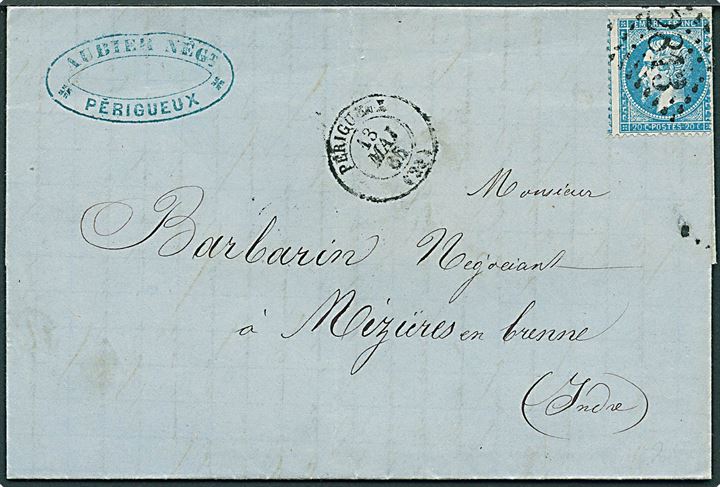 20 c. Napoleon på brev annulleret med nr.stempel 2813 og sidestemplet Périgueux d. 13.5.1865 til Mezieres en Brenne.