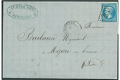 20 c. Napoleon på brev annulleret med nr.stempel 2813 og sidestemplet Périgueux d. 27.6.1865 til Mezieres en Brenne.