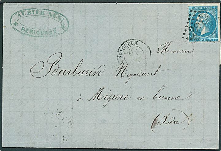 20 c. Napoleon på brev annulleret med nr.stempel 2813 og sidestemplet Périgueux d. 27.6.1865 til Mezieres en Brenne.