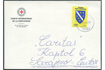 10000 din. Våben utakket på fortrykt kuvert fra Internationale Røde Kors sendt lokalt i Sarajevo d. 17.1.1994.