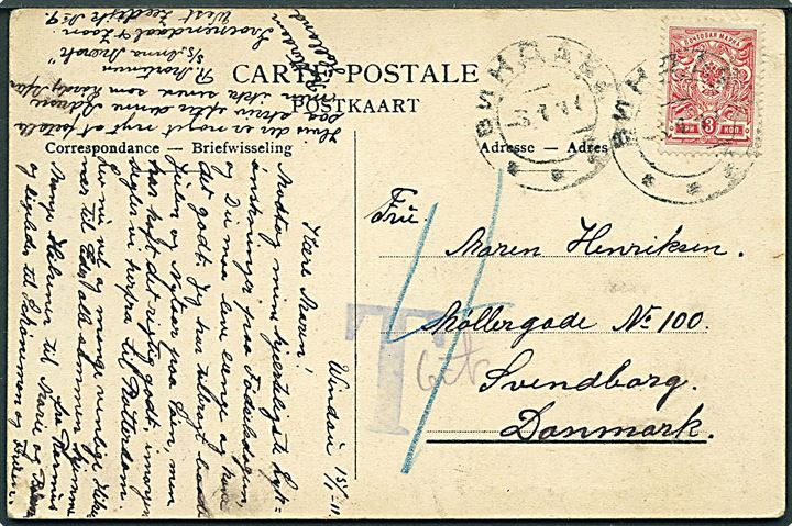 3 kop. Våben på underfrankeret brevkortt fra Windau d. 3.1.1911 til Svendborg, Danmark. Blåt T stempel og udtakseret i 4 øre dansk porto. Sendt fra sømand ombord på S/S Anna Mærsk.