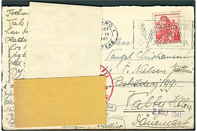 20 c. på brevkort fra Lugano d. 23.4.1941 til Valby, København. Ubekendt og forespurgt via Returpostkontoret i Glostrup. Tysk censur