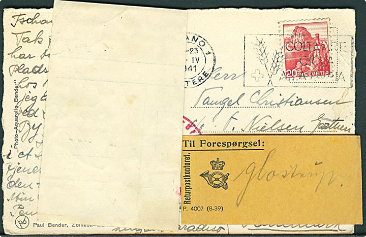 20 c. på brevkort fra Lugano d. 23.4.1941 til Valby, København. Ubekendt og forespurgt via Returpostkontoret i Glostrup. Tysk censur