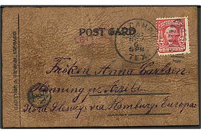 Amerikansk 2 cents Washington single på underfrankeret LÆDER postkort fra Texas d. 6.11.1907 til Hønning pr. Arrild i Nordslesvig. Skulle frankeres som brev og udtakseret i tysk porto.