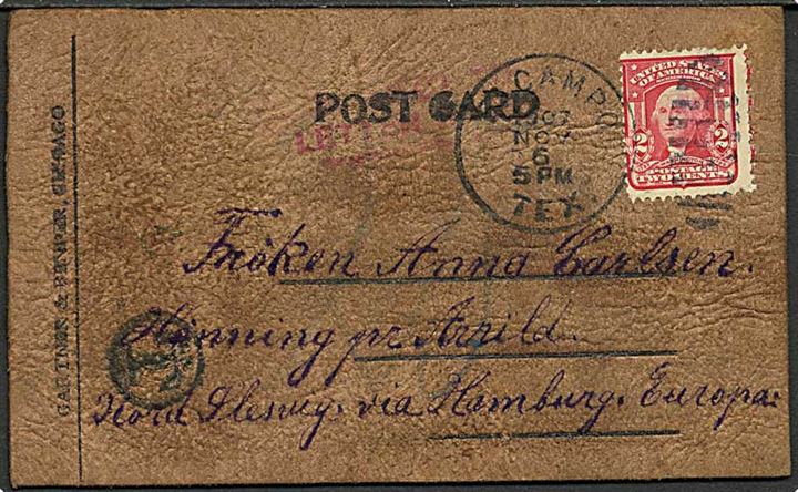 Amerikansk 2 cents Washington single på underfrankeret LÆDER postkort fra Texas d. 6.11.1907 til Hønning pr. Arrild i Nordslesvig. Skulle frankeres som brev og udtakseret i tysk porto.