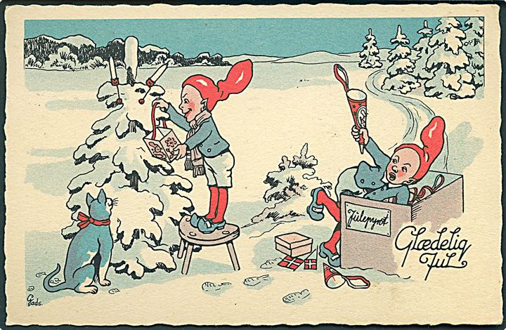 Peder Gadsbøll: Glædelig Jul. Nisser pynter træ. U/no. 