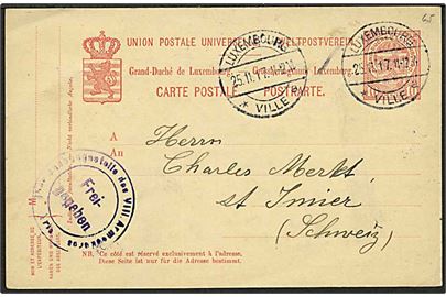 10 c. helsagsbrevkort fra Luxemburg Ville d. 25.11.1917 til St. Imier, Schweiz. Passér-stemplet af den tyske censur i Trier.