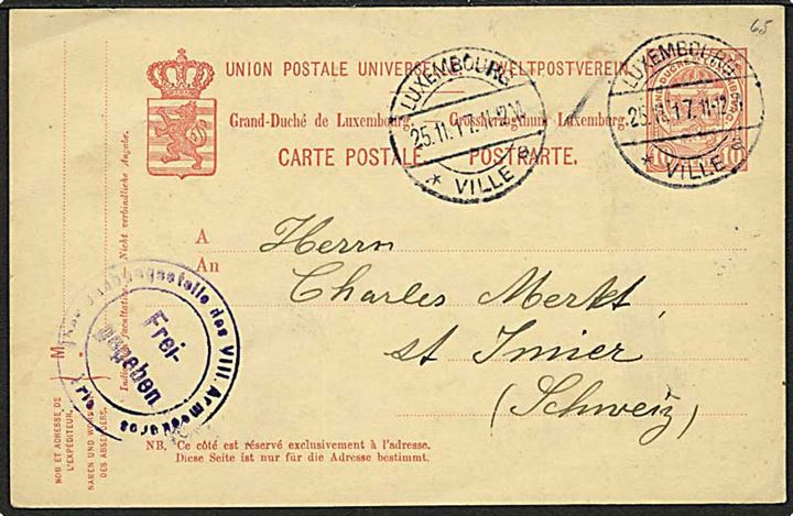10 c. helsagsbrevkort fra Luxemburg Ville d. 25.11.1917 til St. Imier, Schweiz. Passér-stemplet af den tyske censur i Trier.