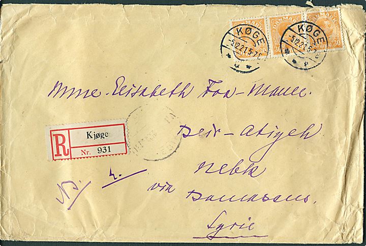 30 øre Chr. X i 3-stribe på stort anbefalet brev fra Køge d. 5.12.1921 til Nebk via Damaskus, Syrien. På bagsiden Julemærke 1921.