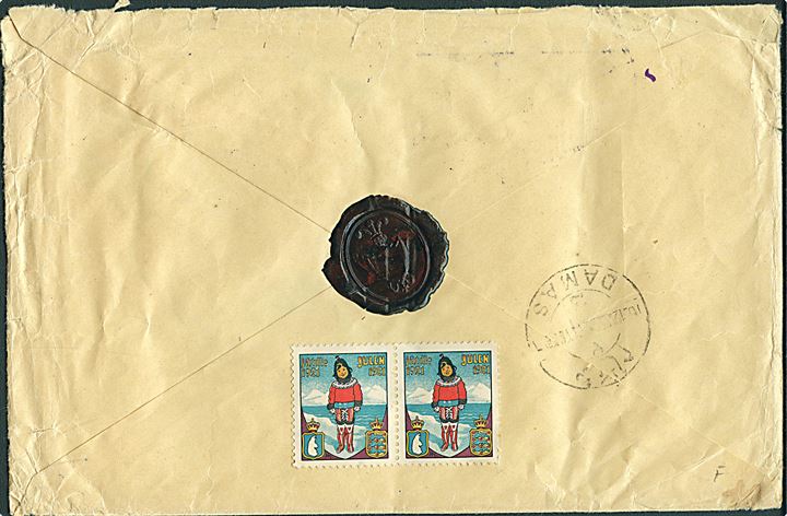 30 øre Chr. X i 3-stribe på stort anbefalet brev fra Køge d. 5.12.1921 til Nebk via Damaskus, Syrien. På bagsiden Julemærke 1921.