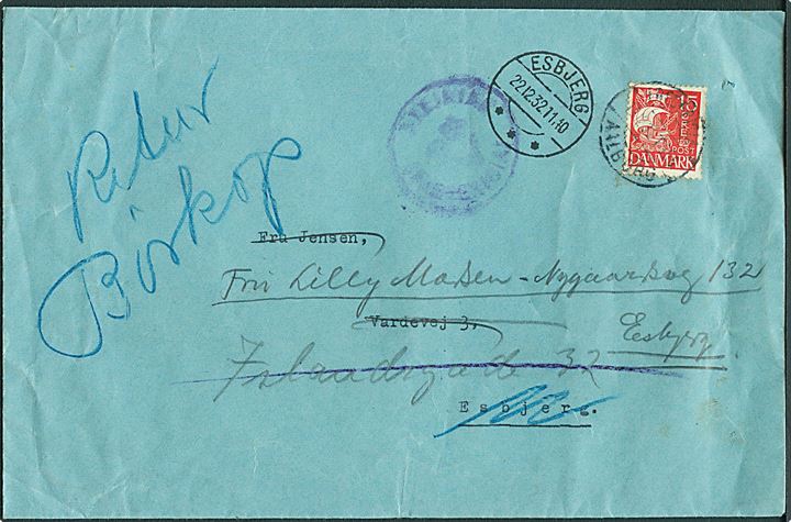 15 øre Karavel på brev annulleret med bureaustempel Fredericia - Aalborg T.956 d. 19.12.1932 og sidestemplet med svagt posthornstempel BREJNING (FREDERICIA) til Esbjerg. Retur som ubekendt.