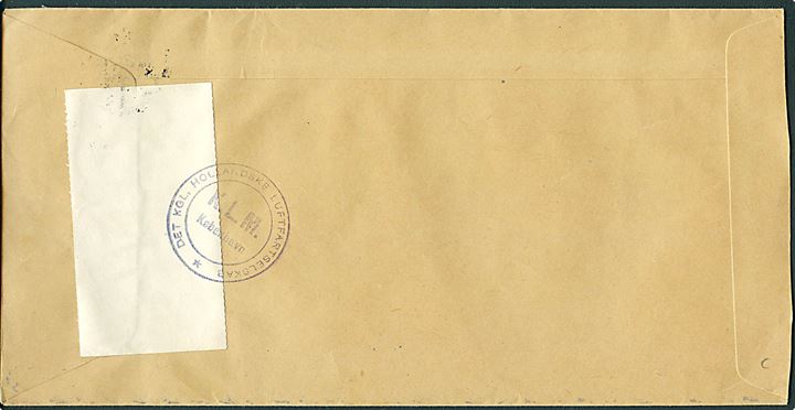 10 øre Bølgelinie og 20 øre Fr. IX (3) på fortrykt kuvert fra KLM sendt anbefalet fra København d. 4.11.1953 til Spodsbjerg. På bagsiden stemplet: Det Kgl. Hollandske Luftfartselskab / K.L.M. København.