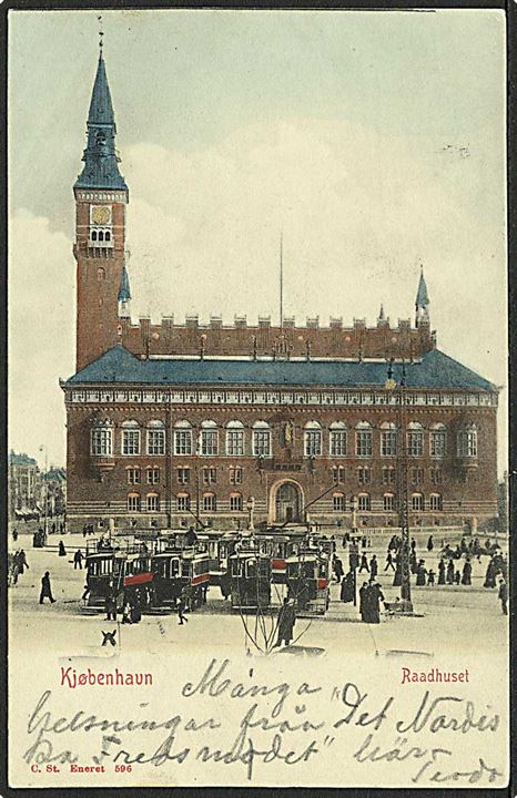 Sporvogne foran København Raadhus. Stenders no. 596.