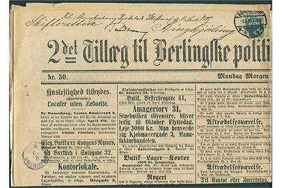 4 øre Tofarvet omv. rm. (hj. fold) på 2det Tillæg til Berlingske politiske og Avertisiments Tidende d. 1.3.1897 stemplet Kjøbenhavn d. 1.3.1897 til Ringkjøbing.